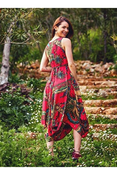 Bohemian Ethnic Patterned Asymmetric Cut Red Dress