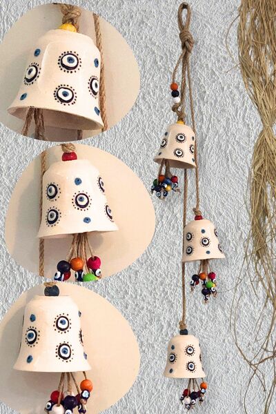 Art inside Seramik Nazar Boncuğu Desenli Çan 3lü Duvar Dekorasyon Objesi Deko...