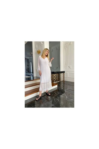 Bohemian Women's White Lace Detailed Long Silk Dress
