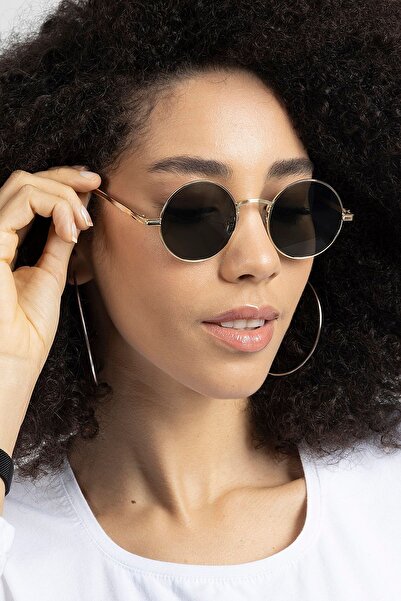 Polo55 Siyah Gold Metal Çerçeveli Yuvarlak Kadın Güneş Gözlüğü