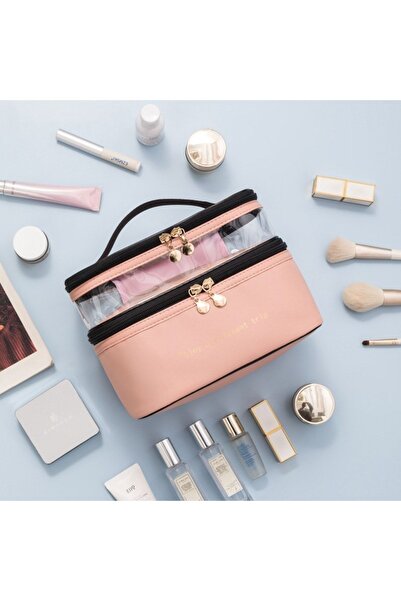 DEKOHOP Makyaj Malzeme Çantası Çift Bölmeli Seyahat Bakım Organizer Kozmetik ...