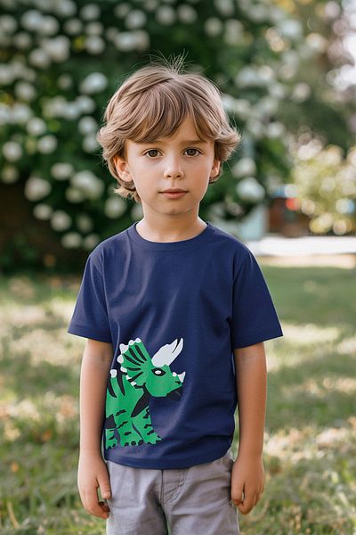TRENDYOLKIDS Chlapecké pletené tričko v námořnické modré - 100% bavlna, potisk dinosaurů, krátký rukáv - TKDSS24TS00032