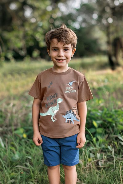 TRENDYOLKIDS Fiú dinoszaurusz mintás bézs pamut póló - TKDSS24TS00034