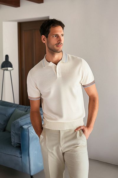 Trendyol Collection Ecru Regular Fit Stripe Detailní texturované pletené tričko Polo límec TMNSS24PO00002