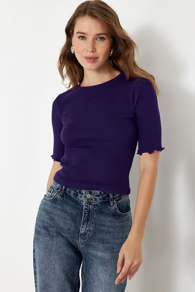 Trendyol Collection Ευέλικτη Μωβ Πλεκτή Μπλούζα με Κορδόνι - Crew Neck, Body Fitted TWOSS23BZ00025