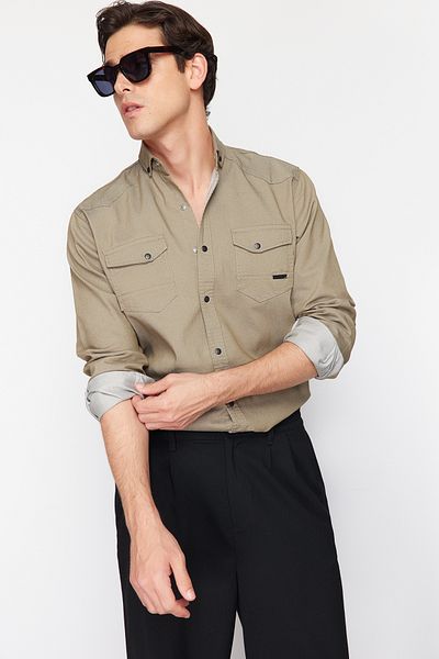Trendyol Collection Τζιν τζιν πουκάμισο χακί χρώματος Snap - κανονική εφαρμογή TMNSS24GO00081