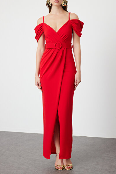 Trendyol Collection Long Red Belted Woven Evening Dress - TPRSS24AE00250