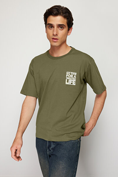 Trendyol Collection Khaki Oversize/Wide Cut Text Printed T-Shirt Tmnss21Ts1685