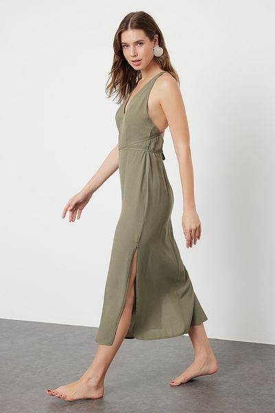 Trendyol Collection Пляжна ткана сукня міді без спинки хакі TBESS22EL0727