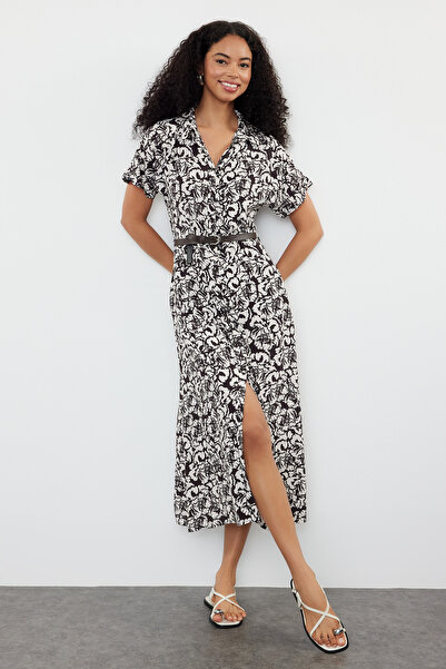 Trendyol Collection Smeđa marokanska maksi haljina sa cvetnim uzorkom i pojas...