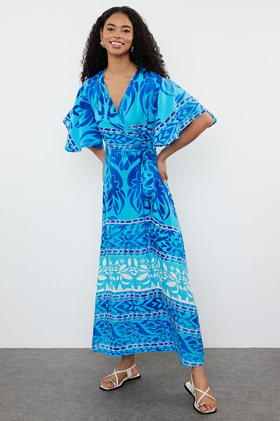 Trendyol Collection Rochie albastră cu guler dublu cu model etnic - Cu centură, linie A TWOSS24EL01046