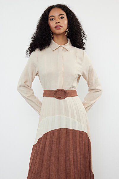 Trendyol Modest Φόρεμα υφαντό πουκάμισο - Μοτίβο σε καφέ μπλοκ TCTSS24EB00119