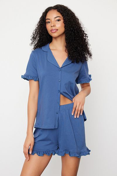 Trendyol Collection Set de pijamale din bumbac cu detaliu Indigo Ruffle - THMSS24PT00381