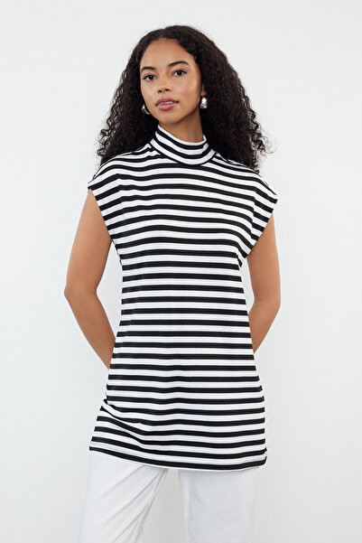 Trendyol Modest Pack of 2 Black-White Striped Stand Collar Sleeveless Tunic Lining - TCTSS21UK0033