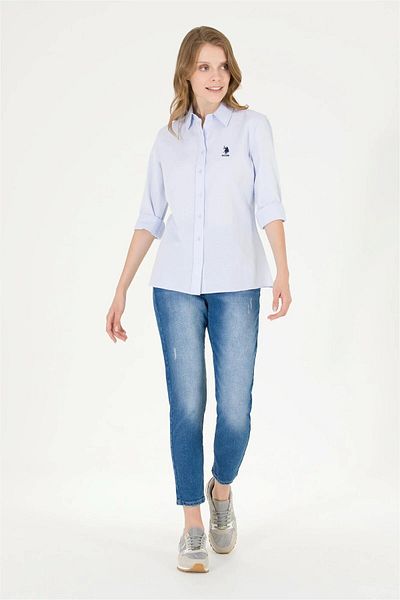 U.S. Polo Assn. Cămașă de bază cu mânecă lungă albastru deschis pentru femei ARİEN CLOTHING