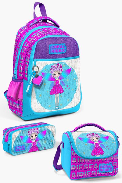 Coral High Set de geanți de școală cu model roz, albastru, 3 piese - SET0123484