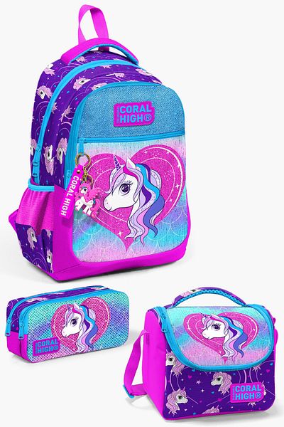 Coral High Set de ghiozdane pentru copii din 3 piese cu model unicorn violet violet - SET0123492