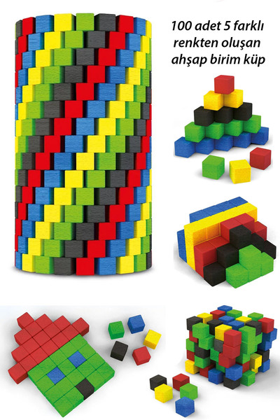 LABİRENTMARKET Redka Ahşap Birim Küpleri Büyük Boy 100 Lü Eğitici Oyuncak
