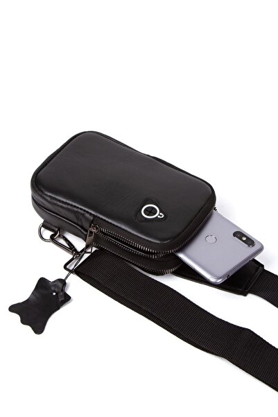 Newish Polo Black Genuine Leather Body Bag with Headphone Outlet
