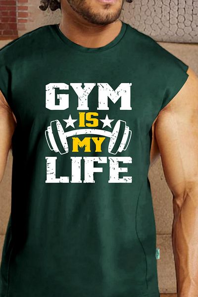 BESSA تي شيرت رجالي - مطبوع عليه Gym Life، لون نعناعي كبير الحجم برقبة دائرية بدون أكمام من القطن