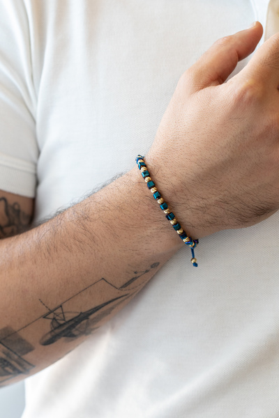 Cenova Jewelry 14 Ayar Altın Toplu Mavi Renk Küp Seramik Erkek Bileklik