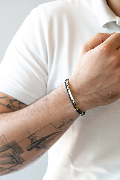 Cenova Jewelry 14 Ayar Altın Lacivert Renkli Çelik Kelepçe Erkek Bilekliği