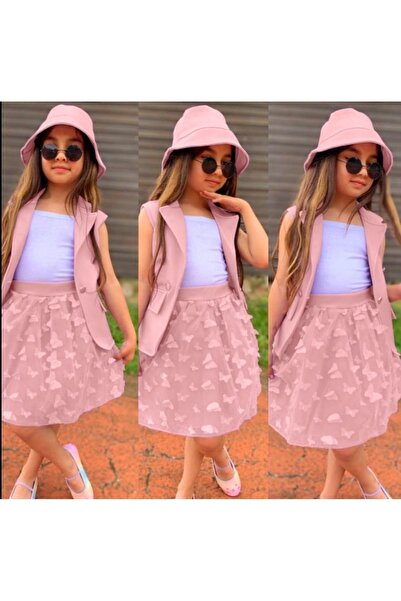 KOKOSH Kız çocuk kelebekli etek yelek crop ve şapka takımı 4lü