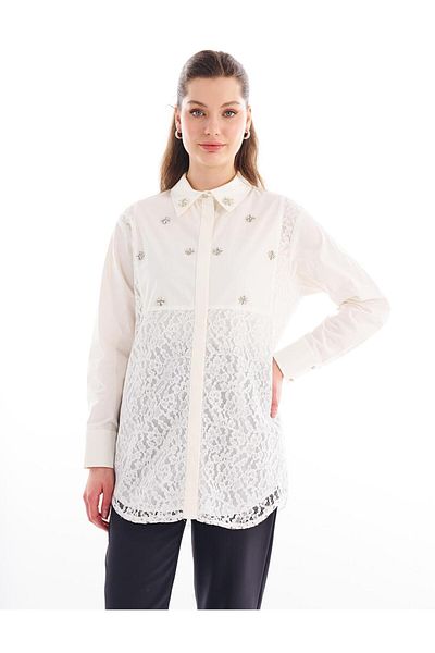 Kayra Lace Detailed Jewelled Tunic Optical White