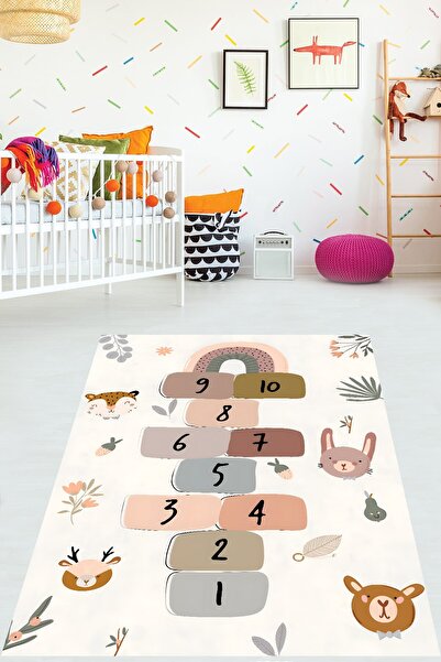 on the clouds Gökkuşağı ve Havyanlar Seksek Desenli Yıkanabilir Kaymaz Taban ...