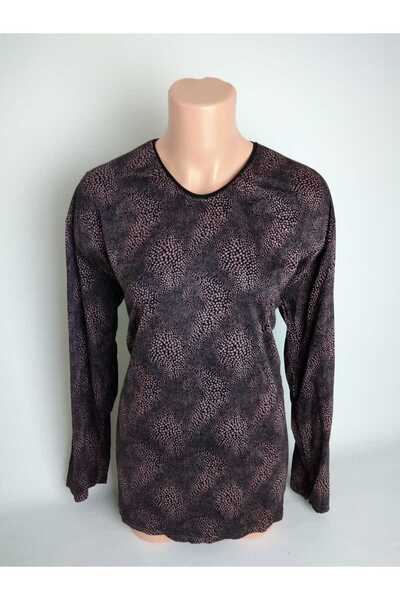 YAŞAR TRİKO Kadın Desenli V Yaka Uzun Kollu Yanları Yırtmaçlı Anne Penye T-shirt Bluz Pamuk Viskon Kumaş