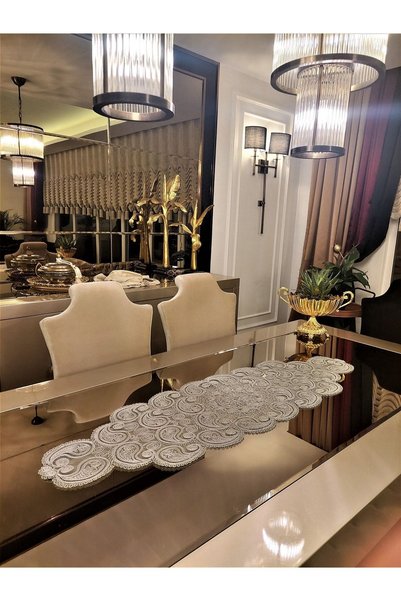 CAMİNHO DA LUA Damla 5 Piece Luxury Runner Living Room Coffee Table Tablecloth Set French Laced Dowry Set Gray