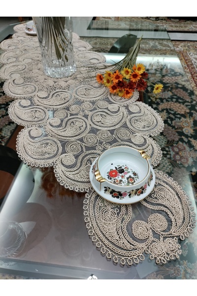 CAMİNHO DA LUA Damla 5 Piece Luxury Runner Living Room Coffee Table Tablecloth Set French Laced Dowry Set Milk Coffee