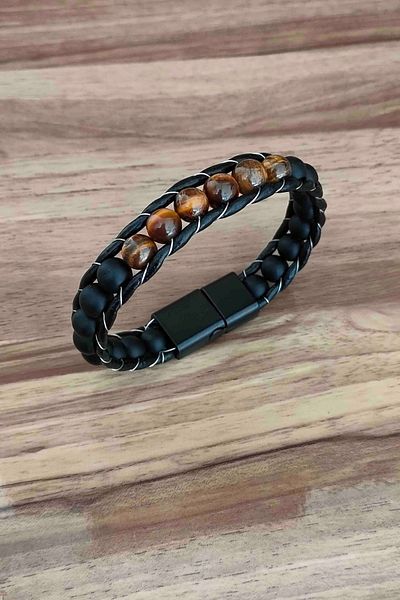 TREND COLLECTİON Tiger Eye Onyx Natural Stone Bracelet Original Leather Natural Stone Bracelet