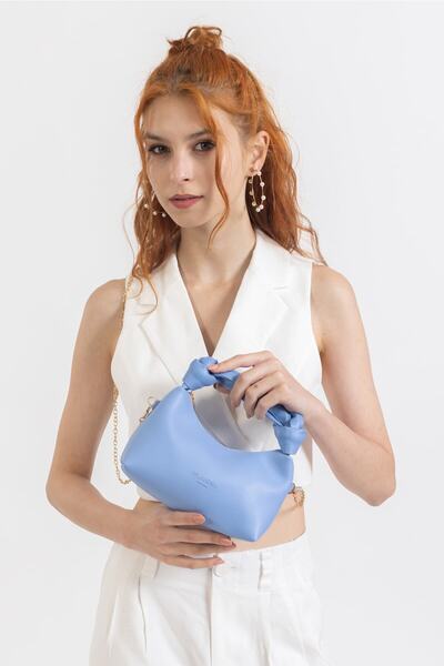 NOTHING Geantă baghetă pentru femei, albastru bebeluș, moale, din piele moale, cu curea de lanț cu mâner, mini de mână
