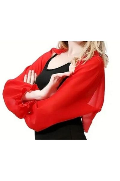 es moda shop Red Moni Chiffon Shawl - Ruffled Sleeve