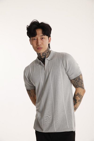 The Champ Clothing Ανδρικό - Γκρι λευκό ριγέ πλεκτό μπλουζάκι πόλο με λαιμόκοψη