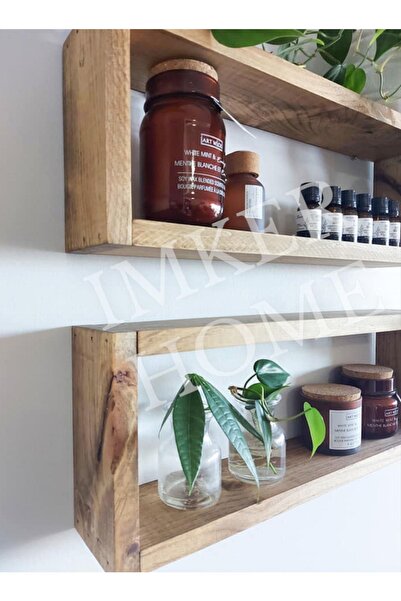 IMKER HOME 2'li Dikdörtgen Ahşap Duvar Rafı Uçan Raf Banyo Mutfak Salon Antre Duvar Düzenleyici Organizer Terek