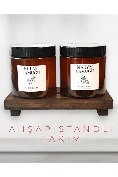 IMKER HOME Ahşap Stantlı Amber Kahverengi Kulak Pamuğu Makyaj Pamuğu Kavanozu...