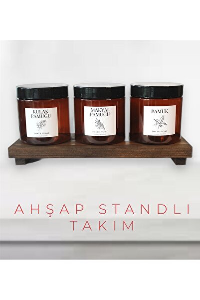 IMKER HOME Ahşap Stantlı Amber Kulak Pamuğu Makyaj Pamuğu Pamuk Kavanozu Bany...