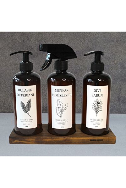IMKER HOME 3 Gözlü Ahşap Stantlı Amber Bulaşık Deterjanı Mutfak Temizleyici S...