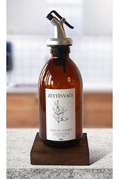 IMKER HOME Ahşap Stantlı Amber Cam Damlatmaz Zeytinyağı Şişesi 250Ml Yağdanlı...