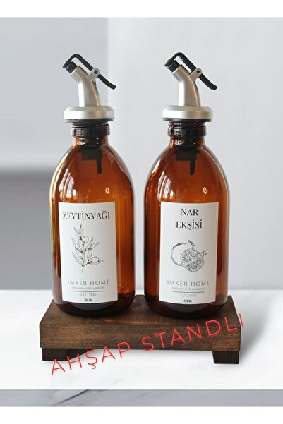 IMKER HOME Ahşap Stantlı Amber Cam Damlatmaz Zeytinyağı Nar Ekşisi Şişesi 250Ml Yağdanlık Düzenleyici Yağlık