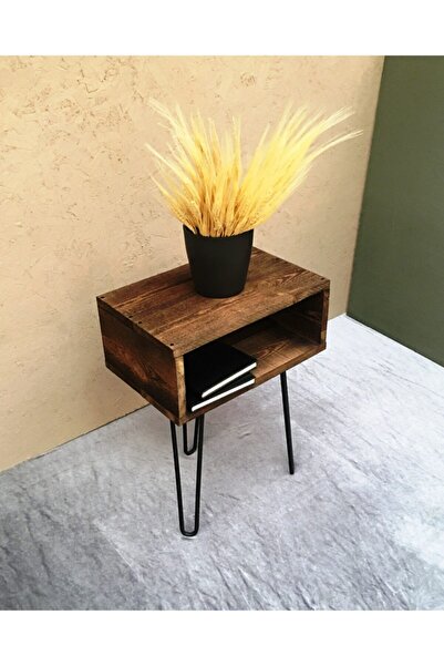 IMKER HOME Dekoratif Masif Doğal Ahşap Metal Firkete Ayaklı Kare Yan Sehpa