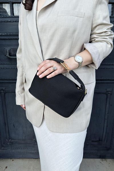 LEONAS Geantă de mână și de umăr pentru femei de mărime medie din in cu accesorii Gold Lock Santorini Negru-Negru