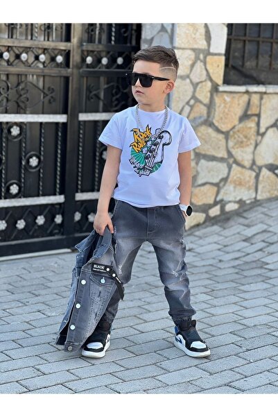 Calisa Boy's Denim Jacket, Denim Cargo Pants and T-Shirt Set, Eid Jean