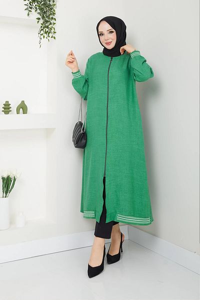 Tesettür Diyarı Green Linen Tunic - Sofia, Zippered, Round Neck, 122cm