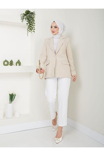 MODAMERSİ Jachetă de damă căptușită cu hijab - guler crem și detaliu de piatră