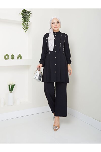 MODAMERSİ الحجاب الأسود أيروبين - مجموعة نسائية مرصعة بالأحجار