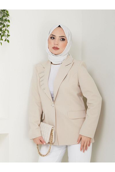 MODAMERSİ Jachetă de damă căptușită cu hijab - guler crem și detaliu de piatră
