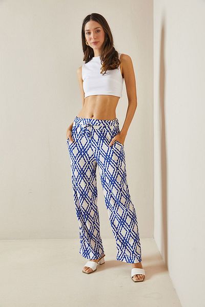 XHAN Blue Patterned Trousers with Wide Legs and Belted - 5YXK5-48554-12